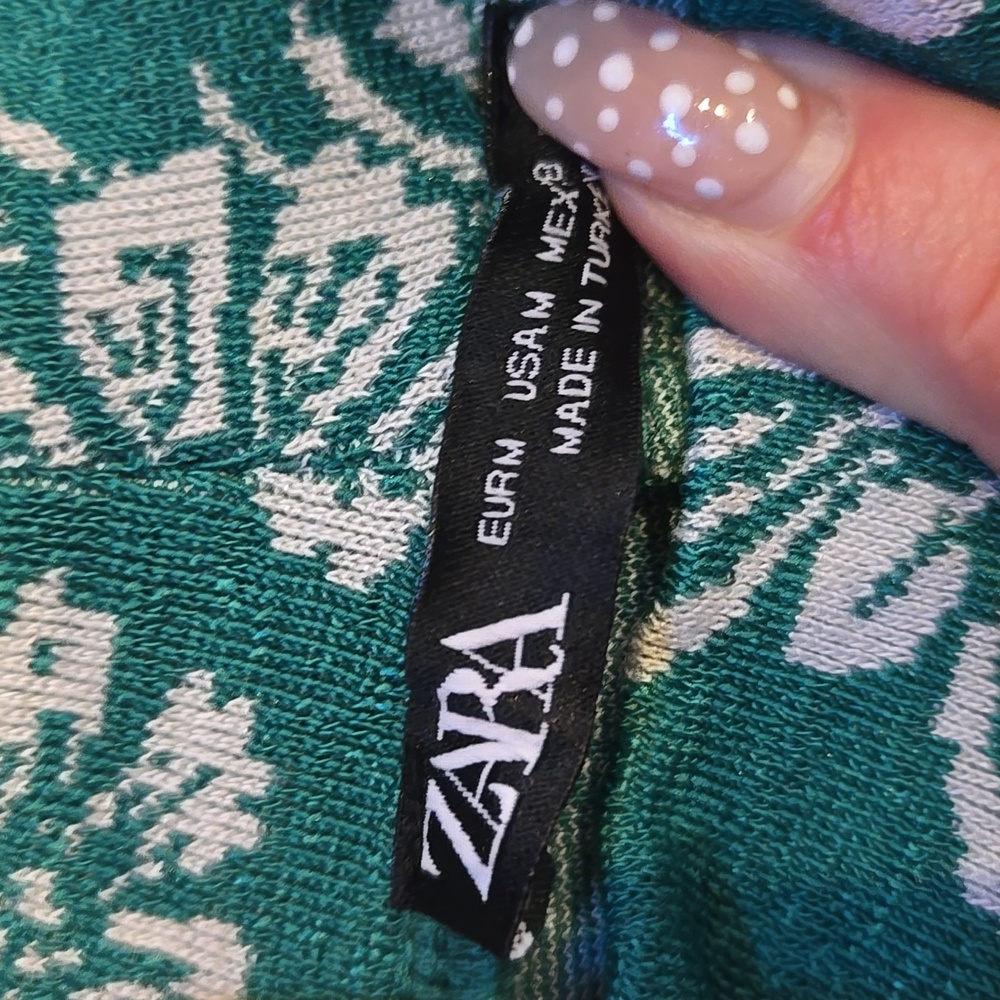 Zara Festive Jacquard Balloon Sleeve Knit Green/White Floral Ruched Dress - Picture 8 of 10